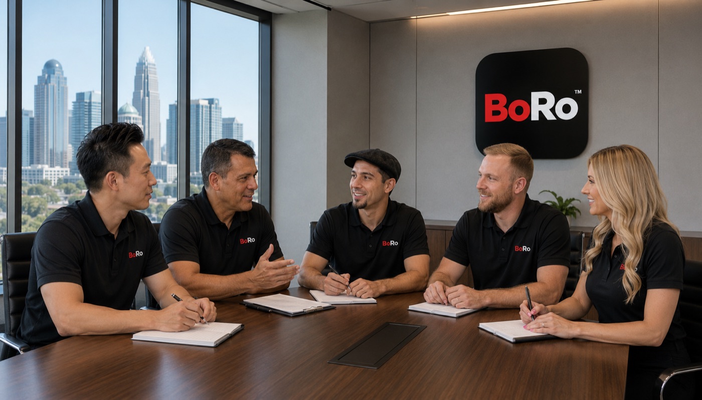 The BoRo team meeting around a conference table with the Charlotte skyline behind them