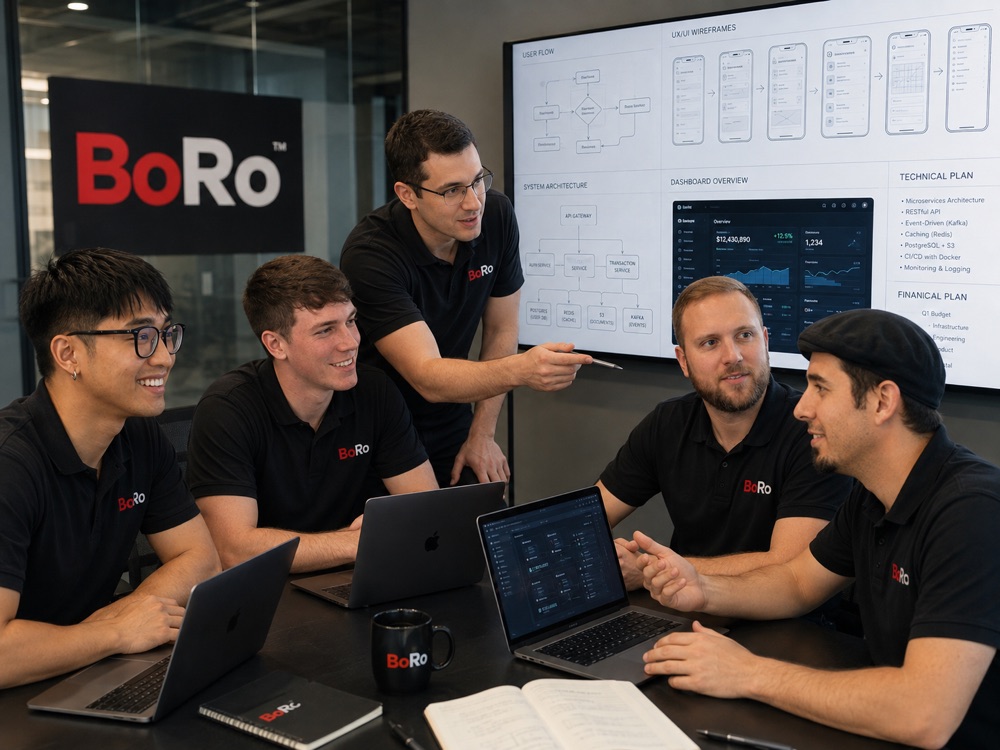 BoRo team members collaborating over laptops during a product working session