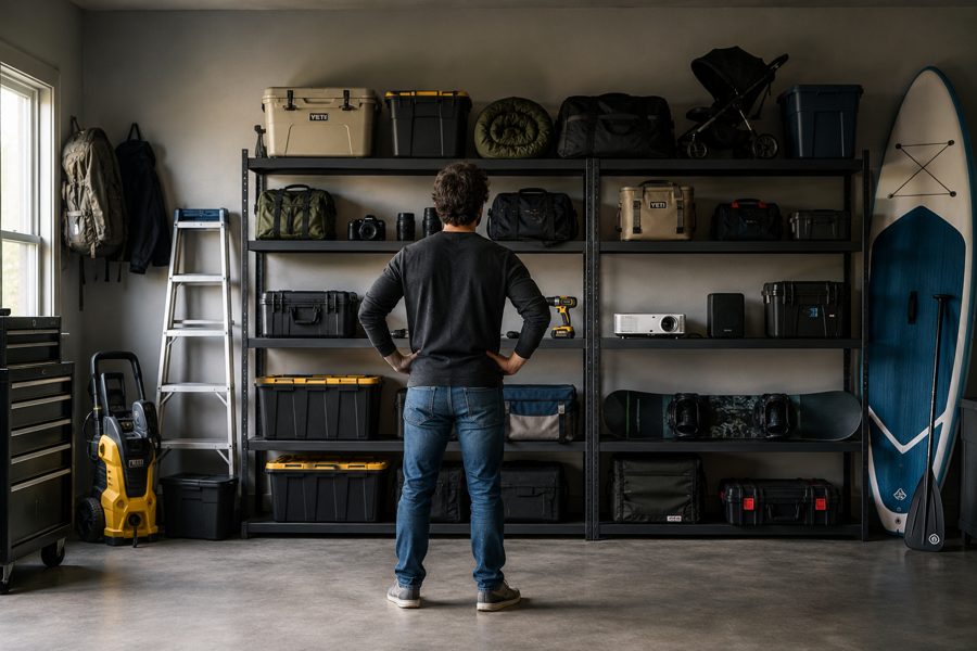 A garage full of gear bought, used once, and stored