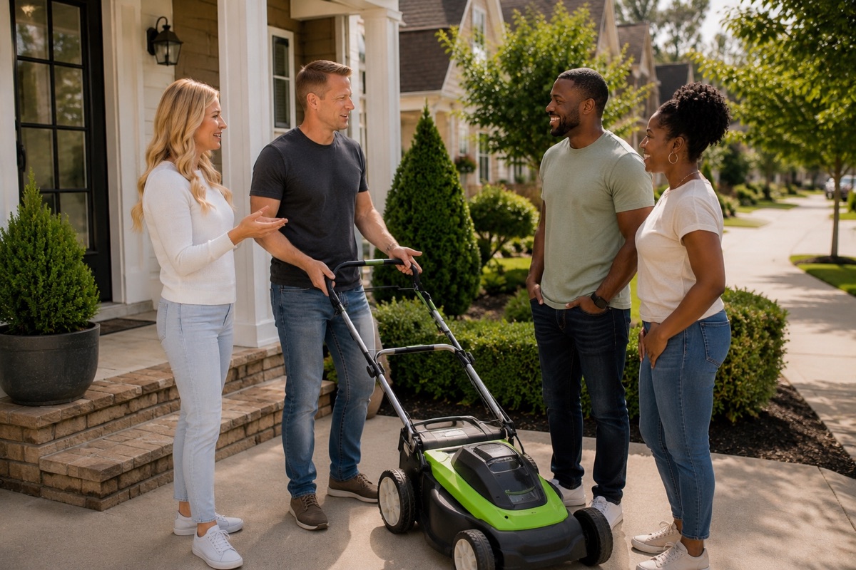Neighbors handing off a lawn mower borrowed through BoRo on a front walkway.